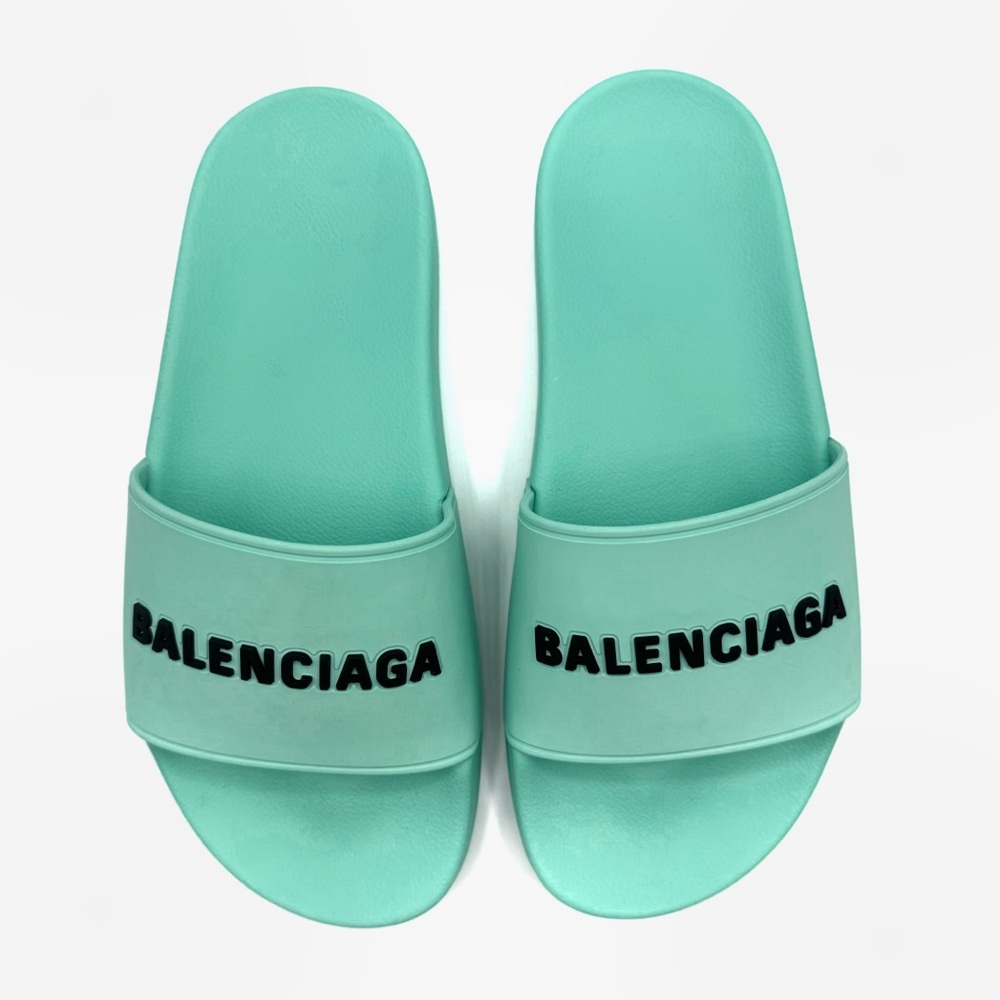 NEW Balenciaga Blue Green Mint Rubber Opened Toe Pool Slides Sandals Flats Shoes